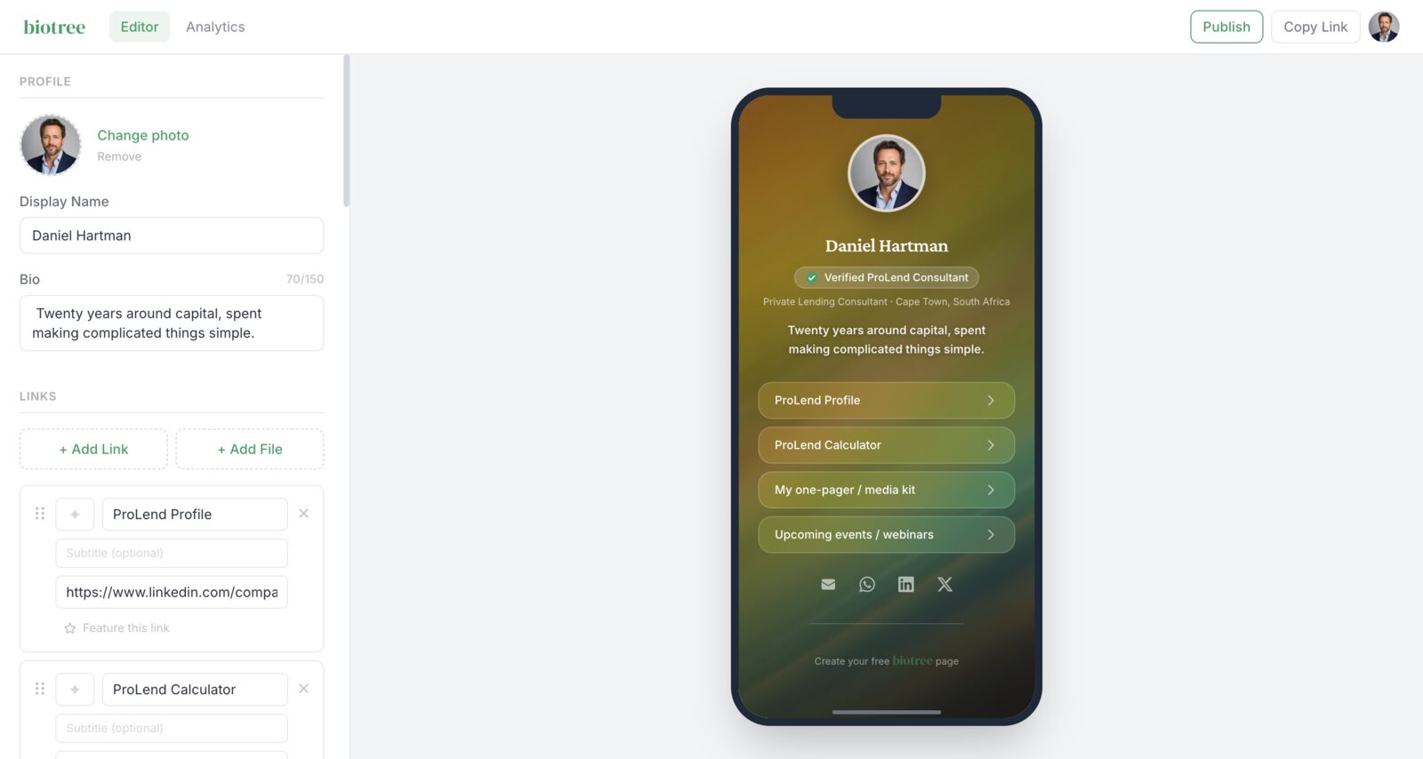 The Biotree editor: a profile panel on the left with display name, bio and a reorderable list of links, and a live phone preview of the published page on the right showing an example consultant profile.