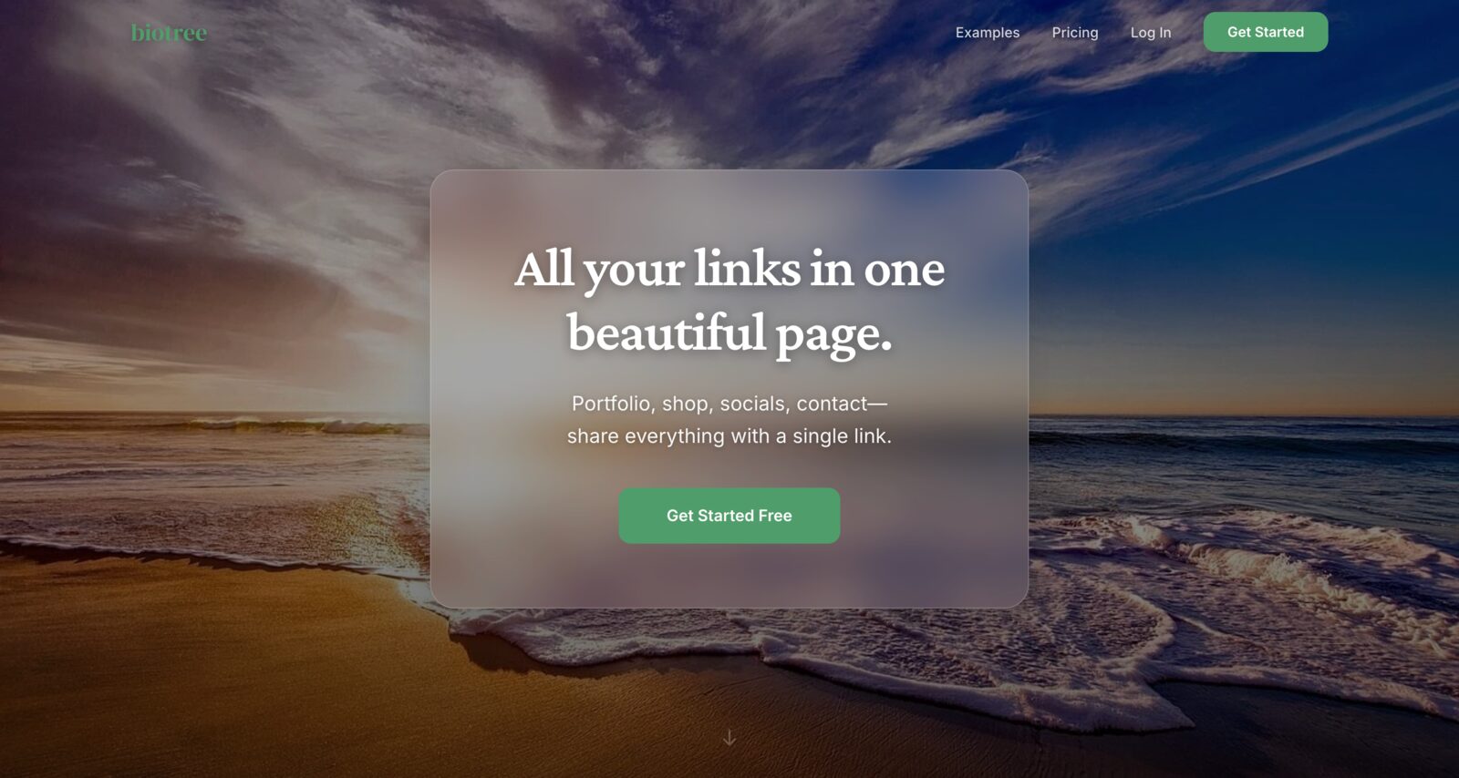 The Biotree home page: a full-bleed photograph of a shoreline at dusk, with a translucent card carrying the headline “All your links in one beautiful page.” and a Get Started Free button.
